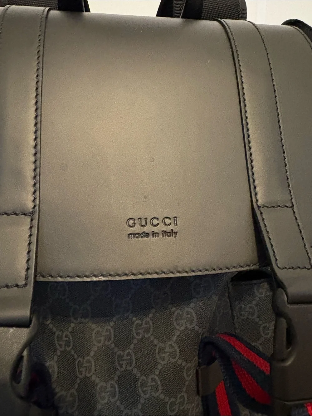Brand New Gucci  Black GG Supreme Backpack with Red and Blue Web Straps